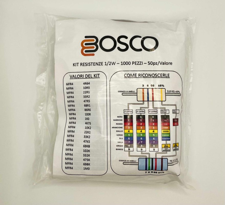 Resistenze 1/2W – Kit (1000 pezzi) completo – MFR4 – Bosco Elettronica